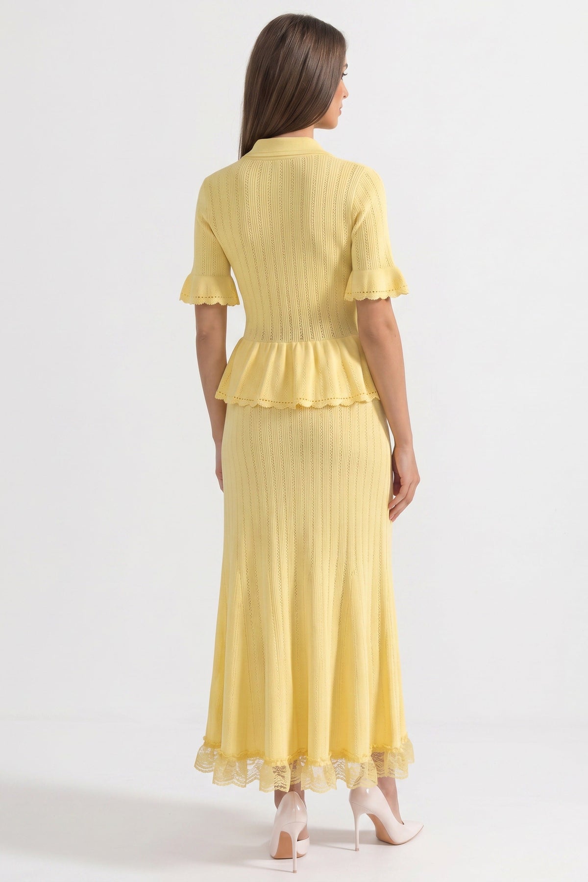 Peter Pan Collar Knit Peplum Maxi Dress with Ruffle Sleeves and Lace Hem – Yellow – view 6