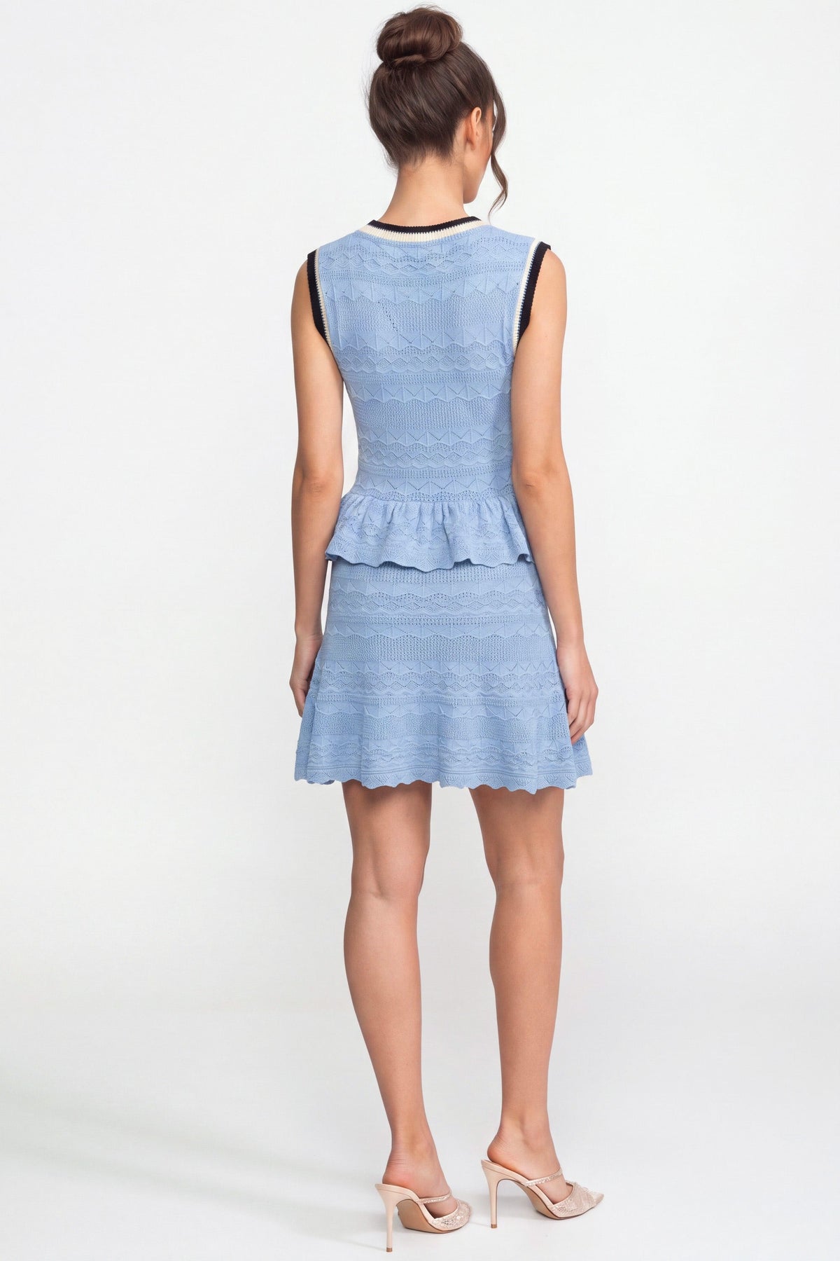 Sleeveless Knit Peplum Mini Dress with Contrast Trim and Bow – Light Blue – view 6