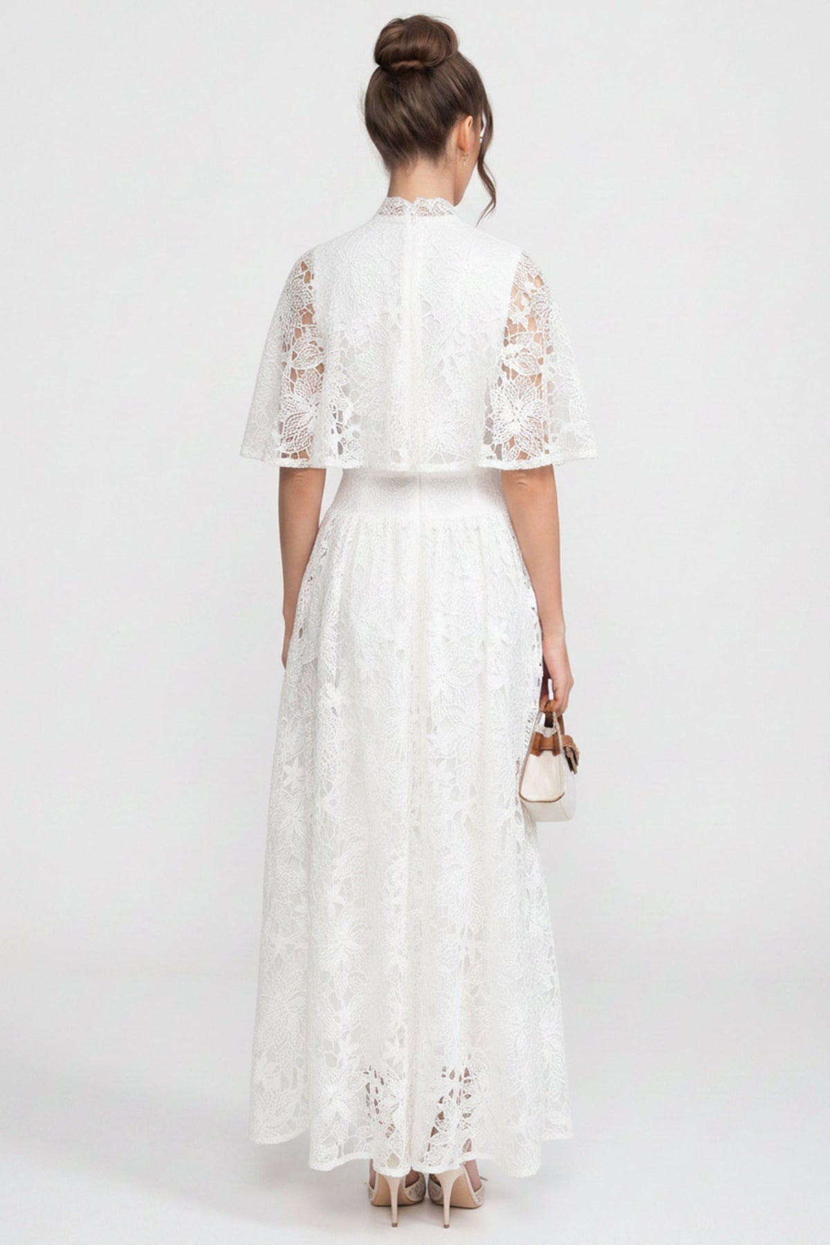 Floral Lace Flutter Sleeve Maxi Dress with 3D Bow Detail – White – view 5