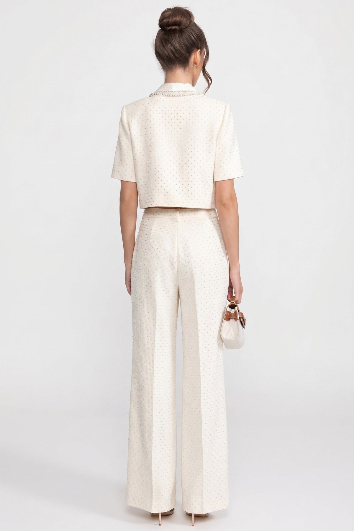 High Waisted Embellished Tweed Wide Leg Trousers with Patch Pockets – Ivoire – view 4