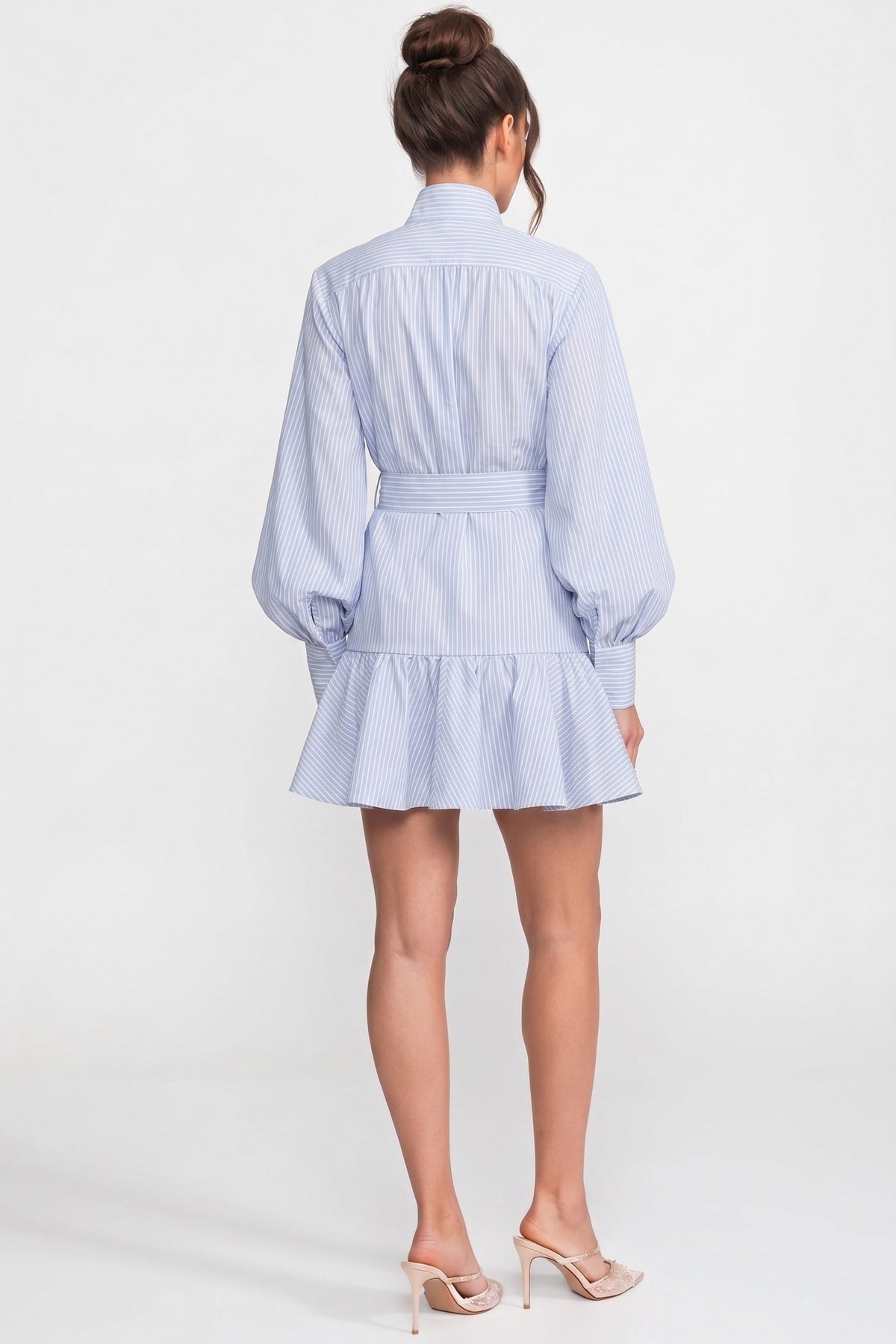 High Neck Striped Mini Dress with Balloon Sleeves and Bow Belt – Blue – view 6