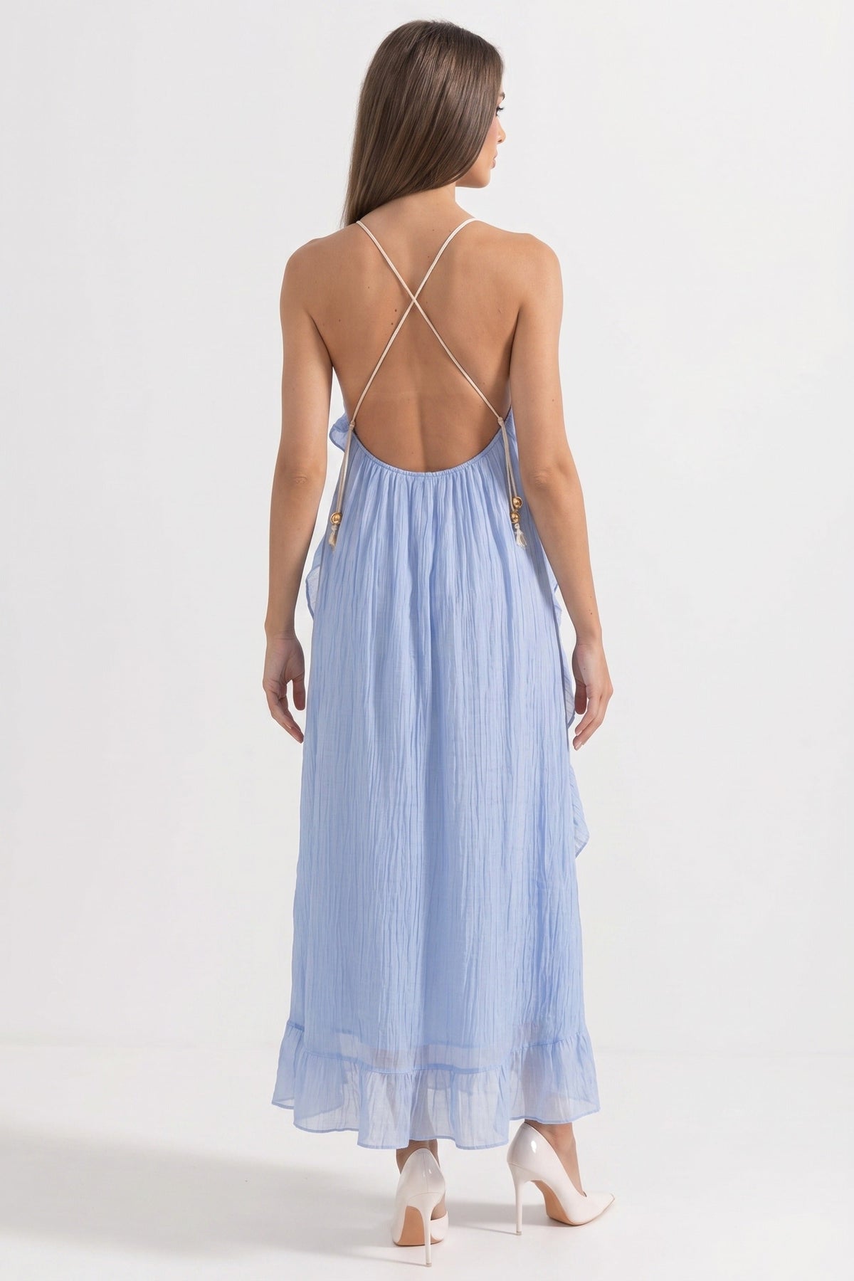 Deep V Halter Chiffon Ruffle Maxi Dress with Asymmetric Tiers – Blue – view 8