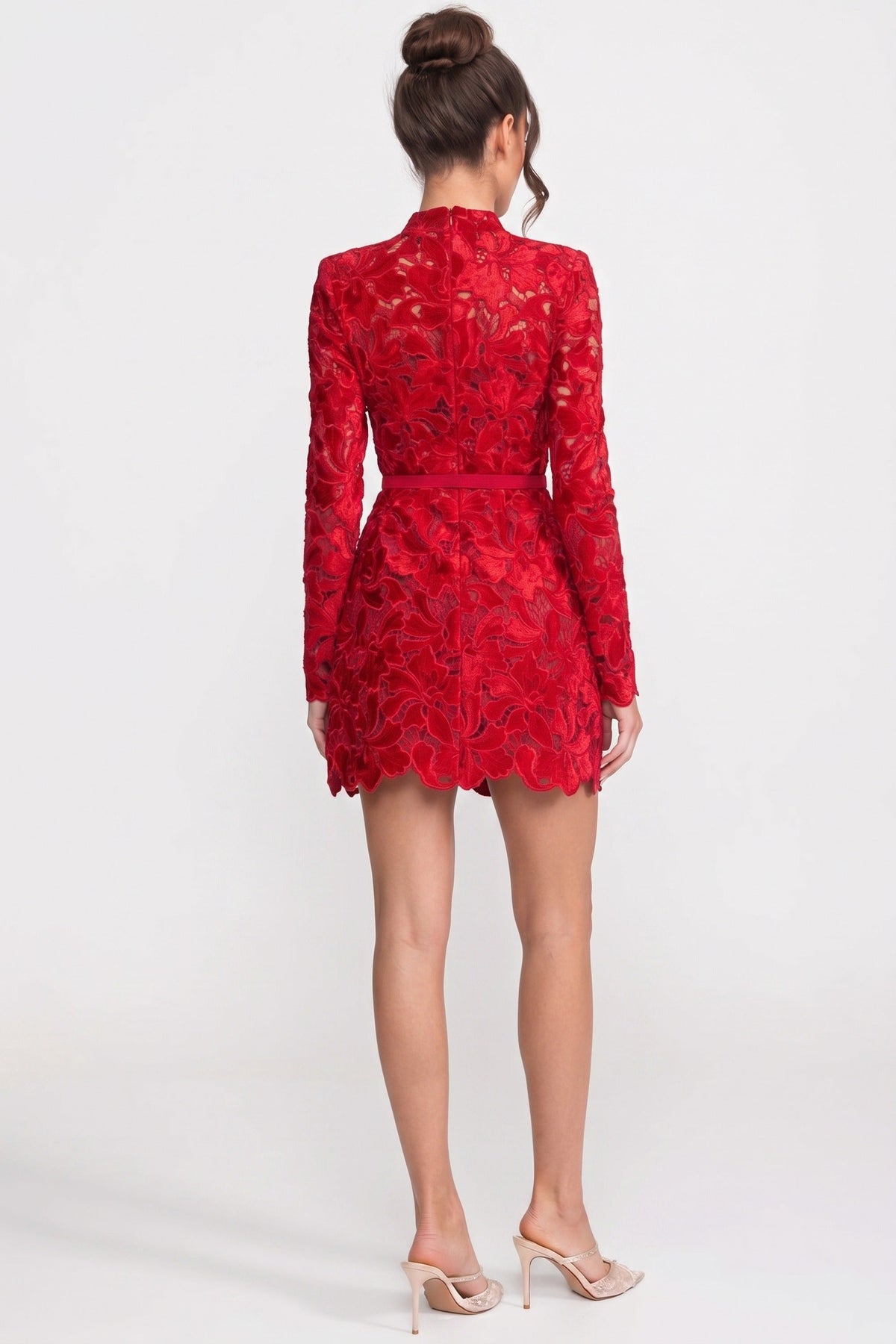 Long Sleeve Floral Lace Mini Dress with High Neck and Scalloped Hem – Red