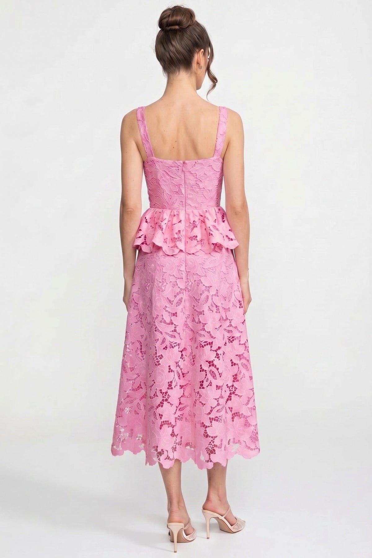 Square Neck Lace Peplum Midi Dress with Golden Buttons – Pink – view 4