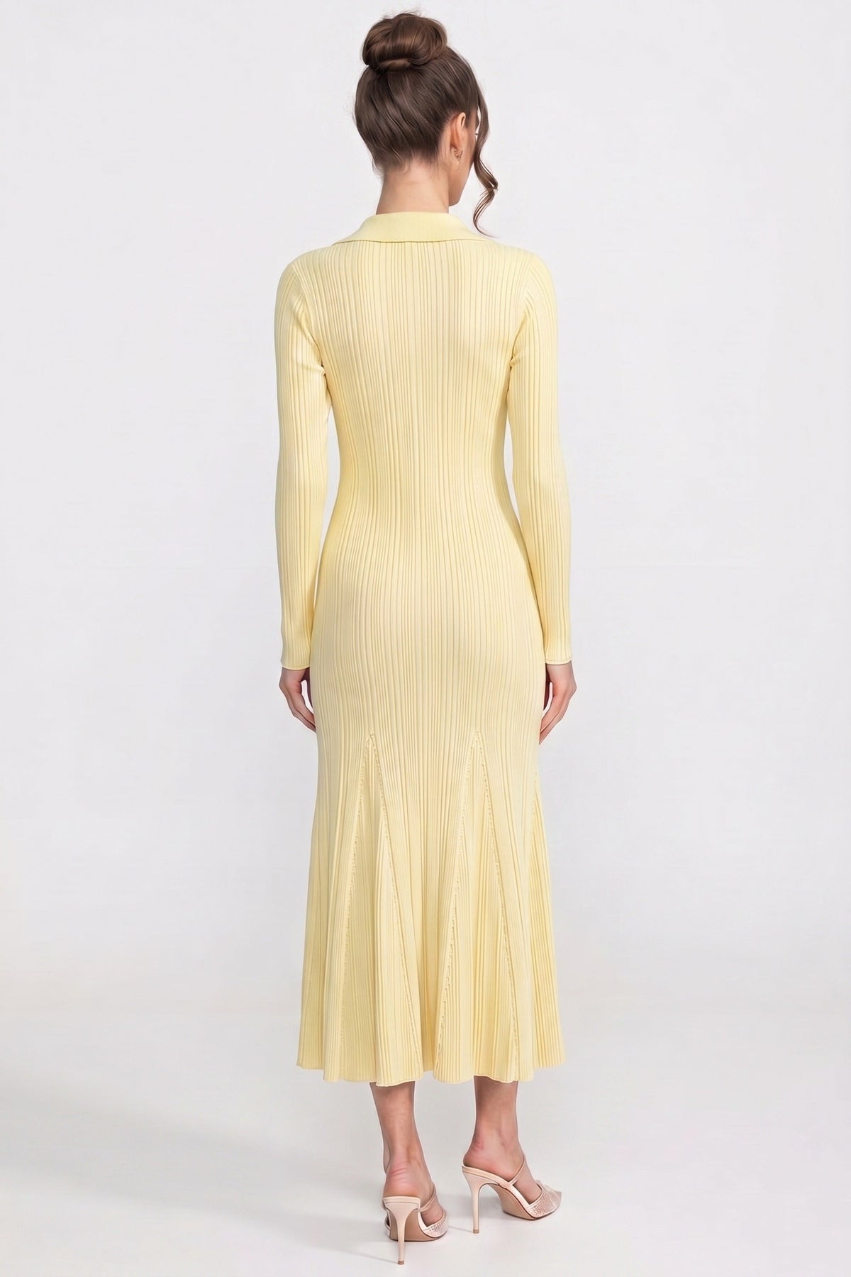 Long Sleeve Button-Front Knit Maxi Dress with Patch Pockets – Yellow – view 5