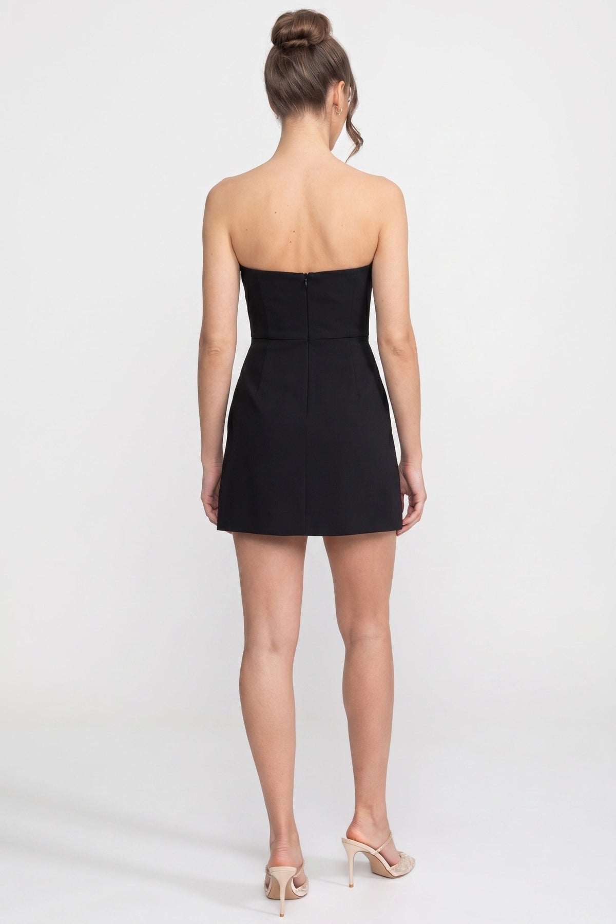 Strapless A-Line Mini Dress with 3D Iris Appliqué Skirt – Black – view 5