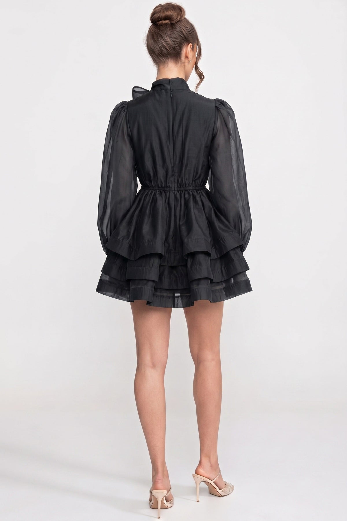 High Neck Bow Puff Sleeve Mini Dress with Tiered Ruffle Skirt – Black – view 6