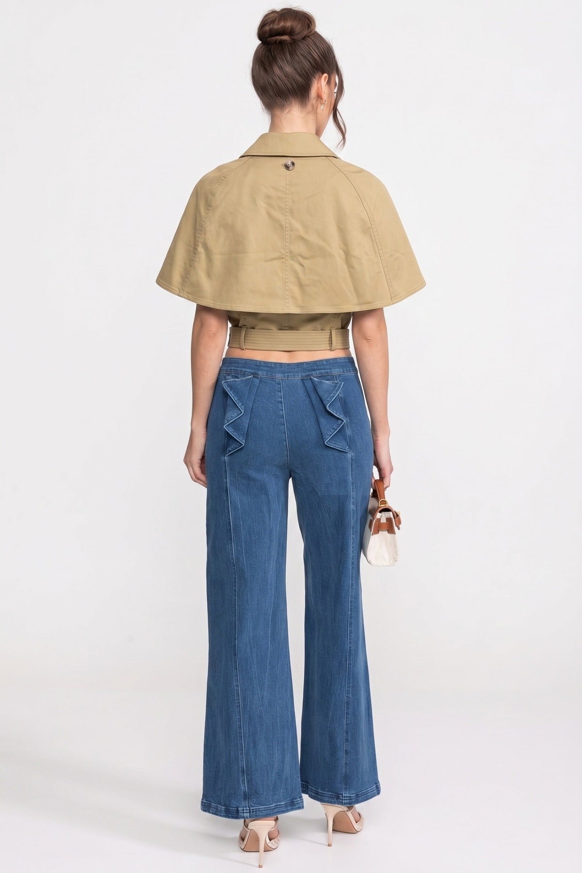 Double-Breasted Cropped Top with Spread Collar and Cape – Khaki – view 5