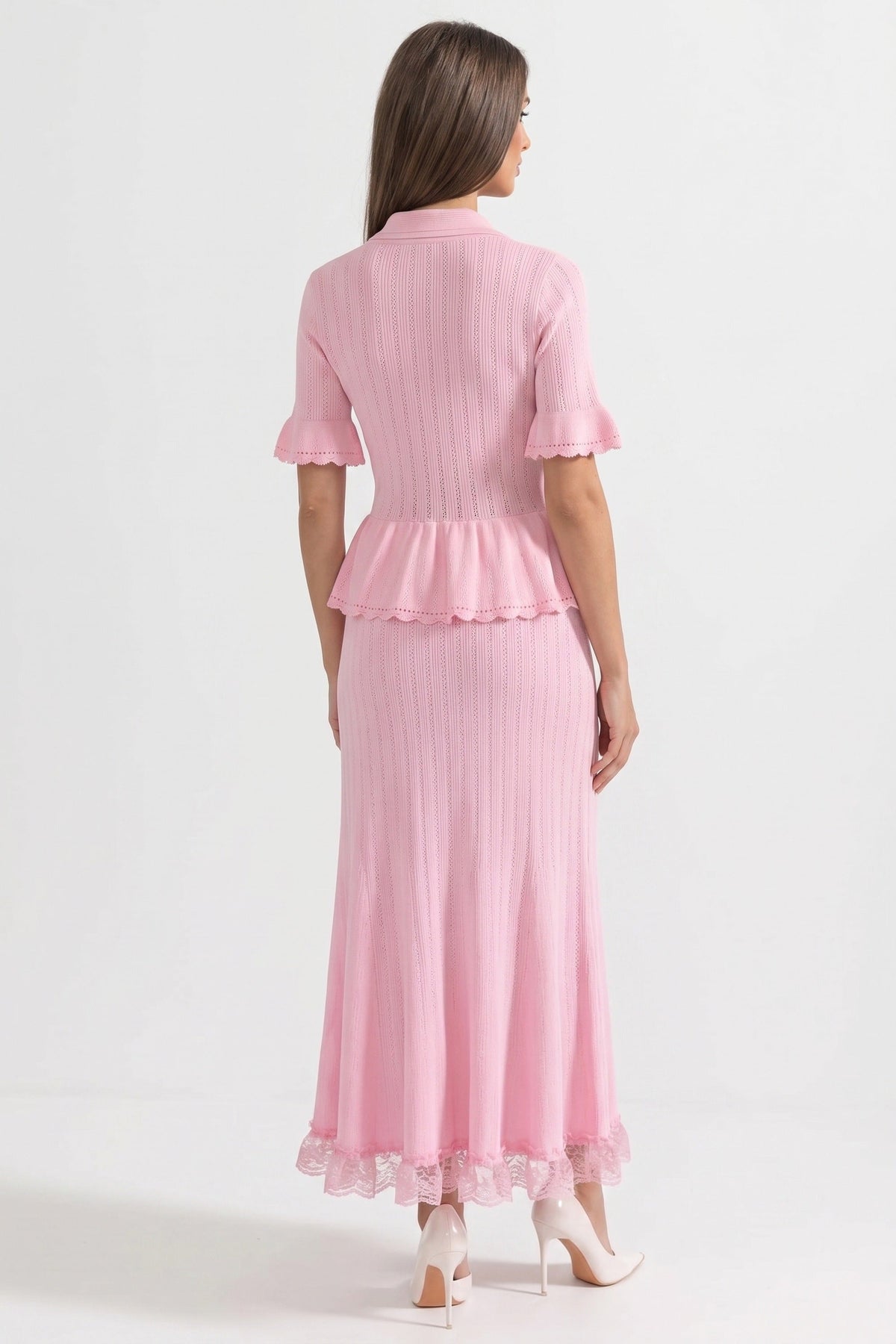Peter Pan Collar Knit Peplum Maxi Dress with Ruffle Sleeves and Lace Hem – Pink – view 3