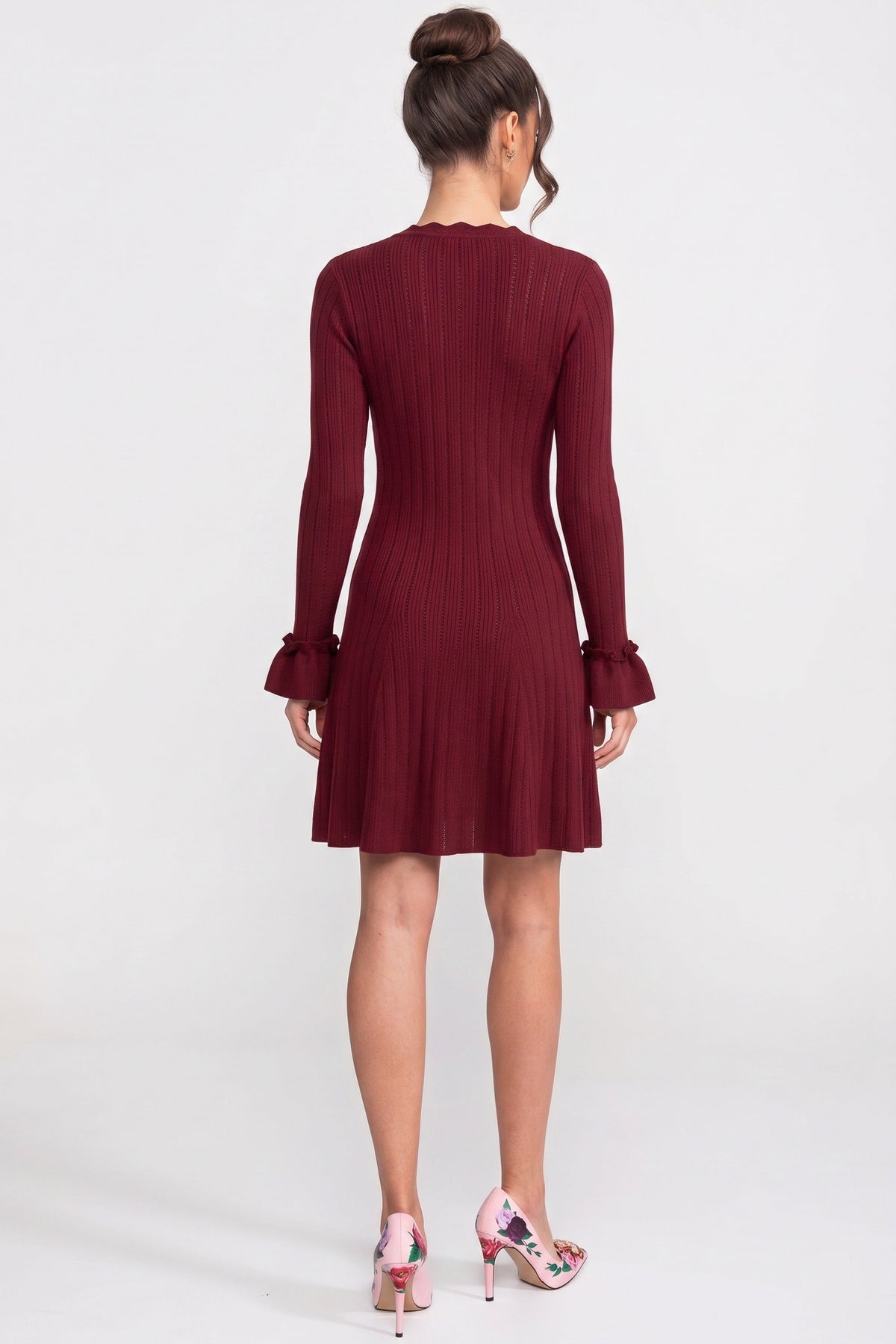 V-Neck Ribbed Knit Mini Dress with Ruffle Hem and Bow Cuffs – Burgundy – view 5