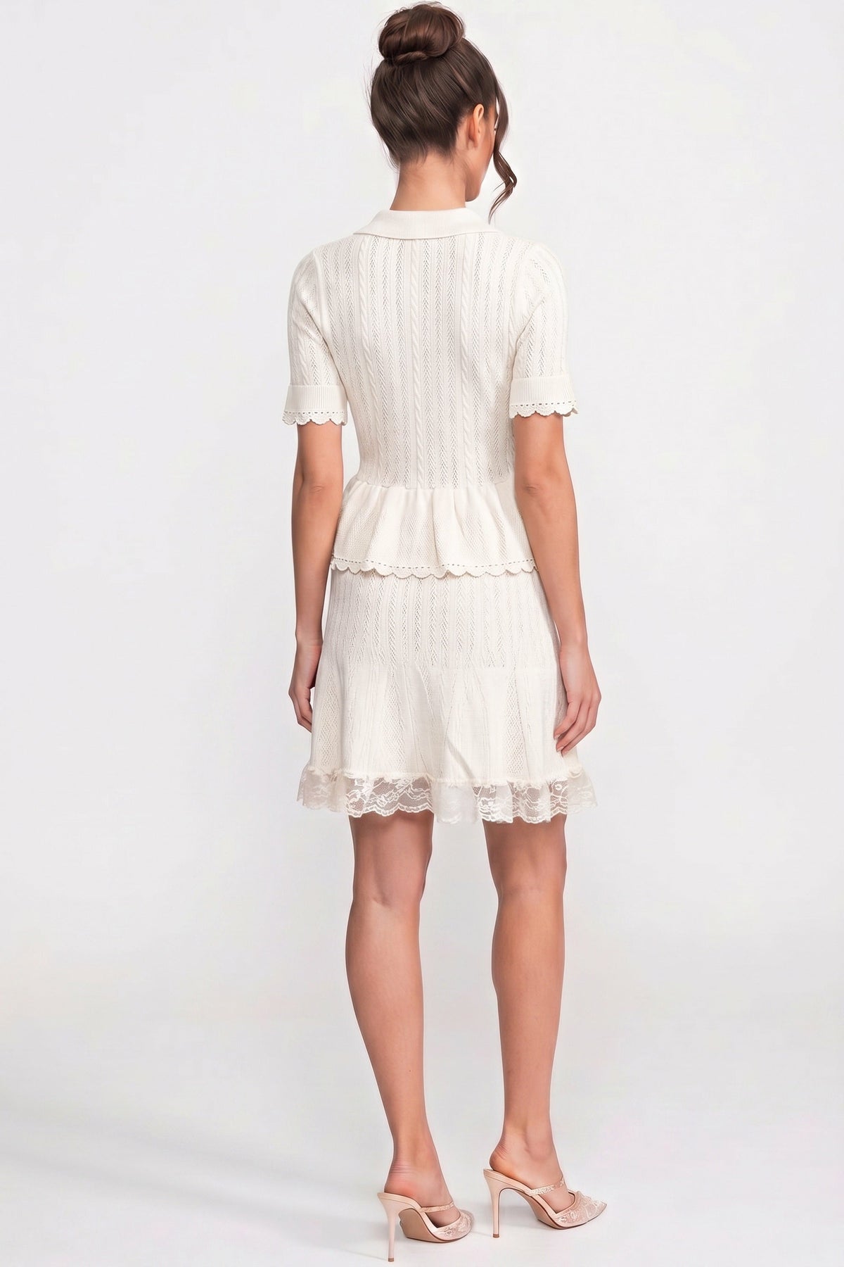 Polo Collar Ribbed Knit Peplum Top and Mini Skirt Set – White – view 5