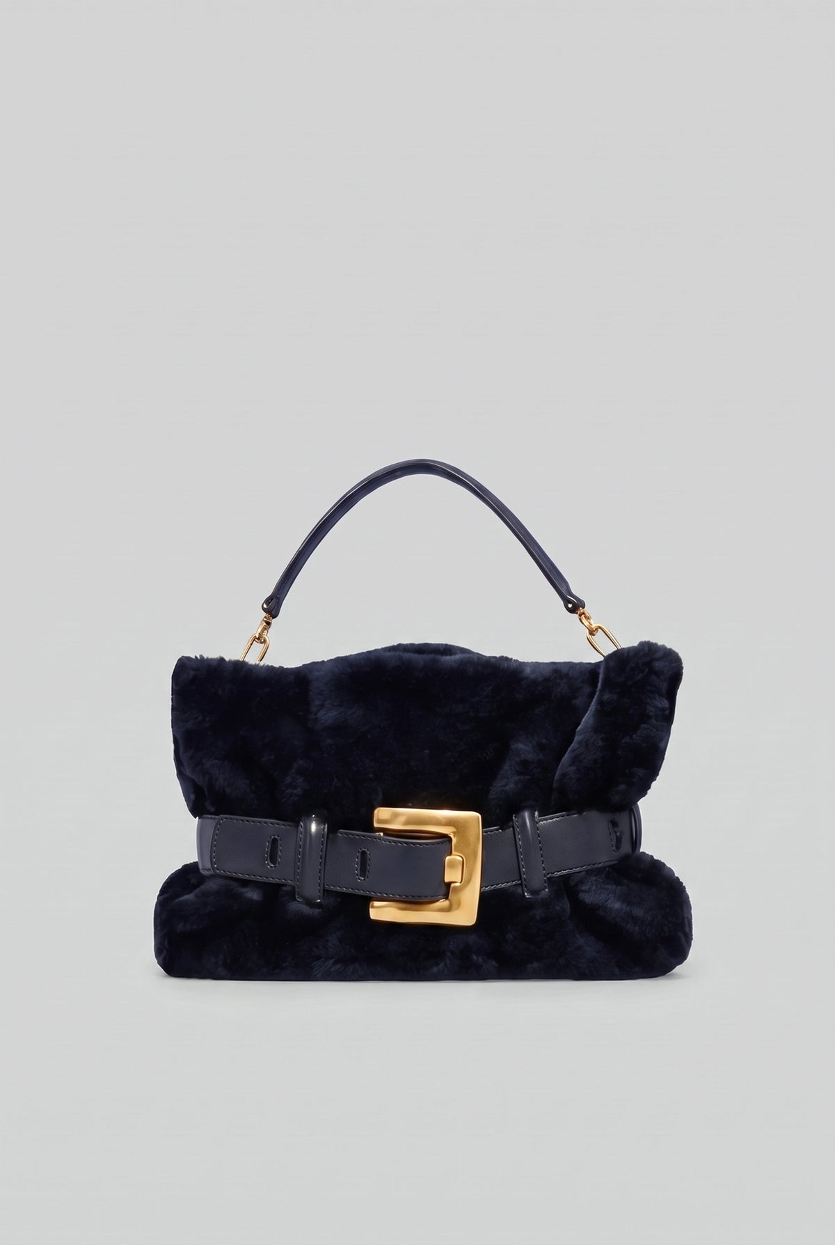 Faux Fur Top Handle Bag with Statement Belt Buckle – Dark Blue – view 1