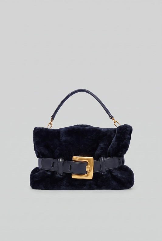 Faux Fur Top Handle Bag with Statement Belt Buckle – Dark Blue
