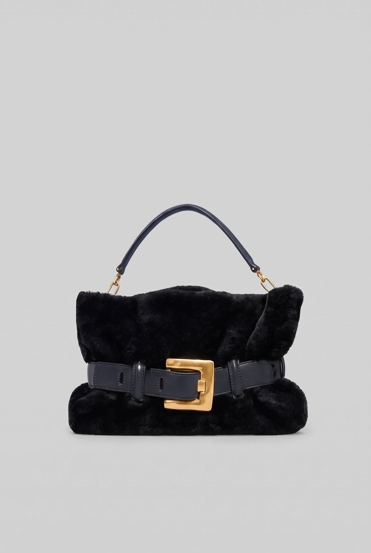 Faux Fur Top Handle Bag with Statement Belt Buckle – Black – view 1