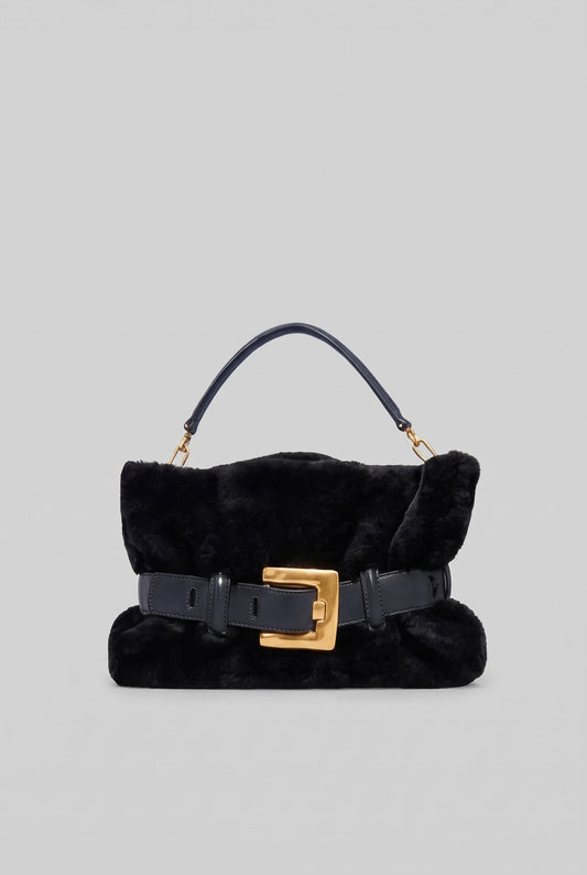 Faux Fur Top Handle Bag with Statement Belt Buckle – Black