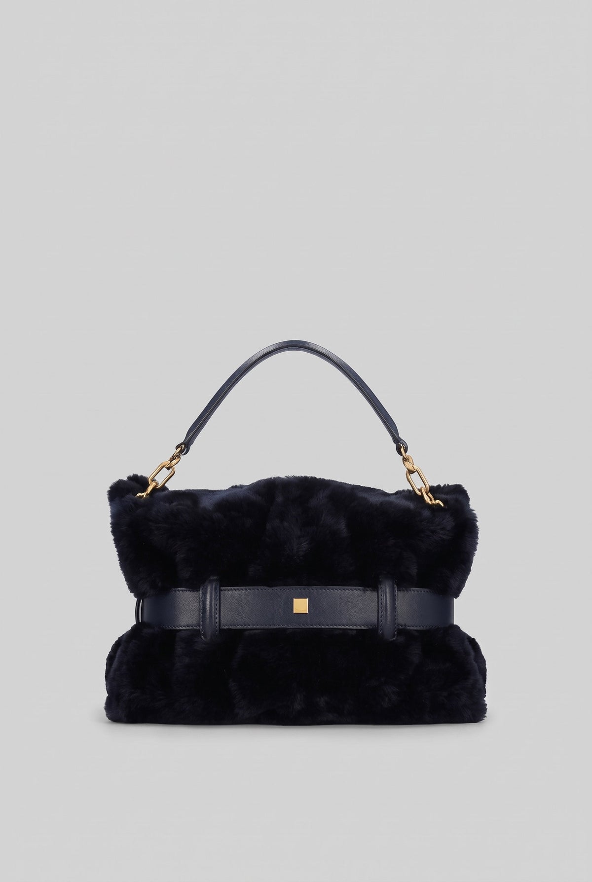 Faux Fur Top Handle Bag with Statement Belt Buckle – Black