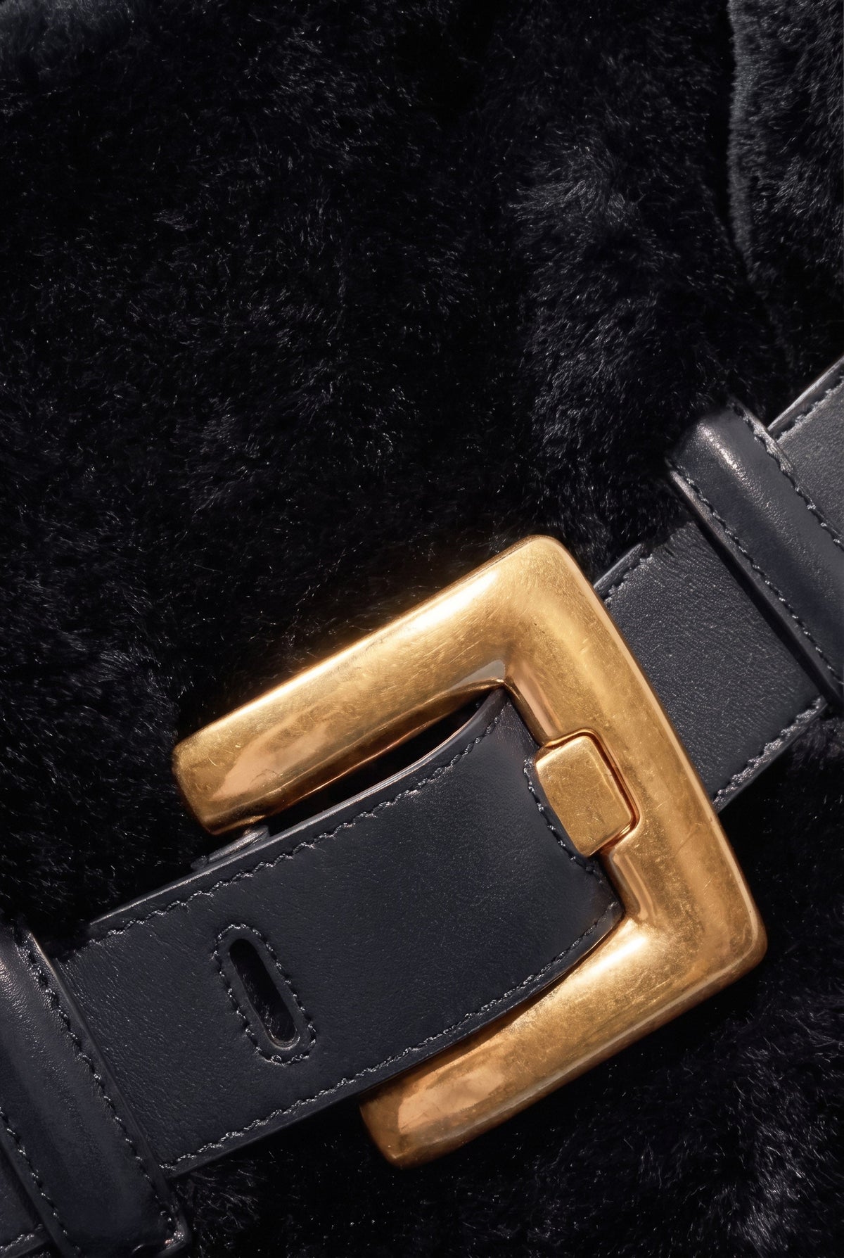 Faux Fur Top Handle Bag with Statement Belt Buckle – Black