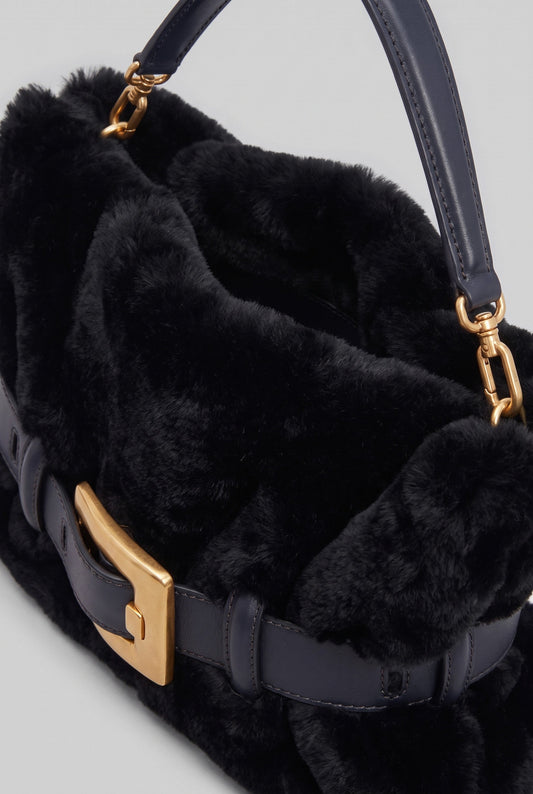Faux Fur Top Handle Bag with Statement Belt Buckle – Black