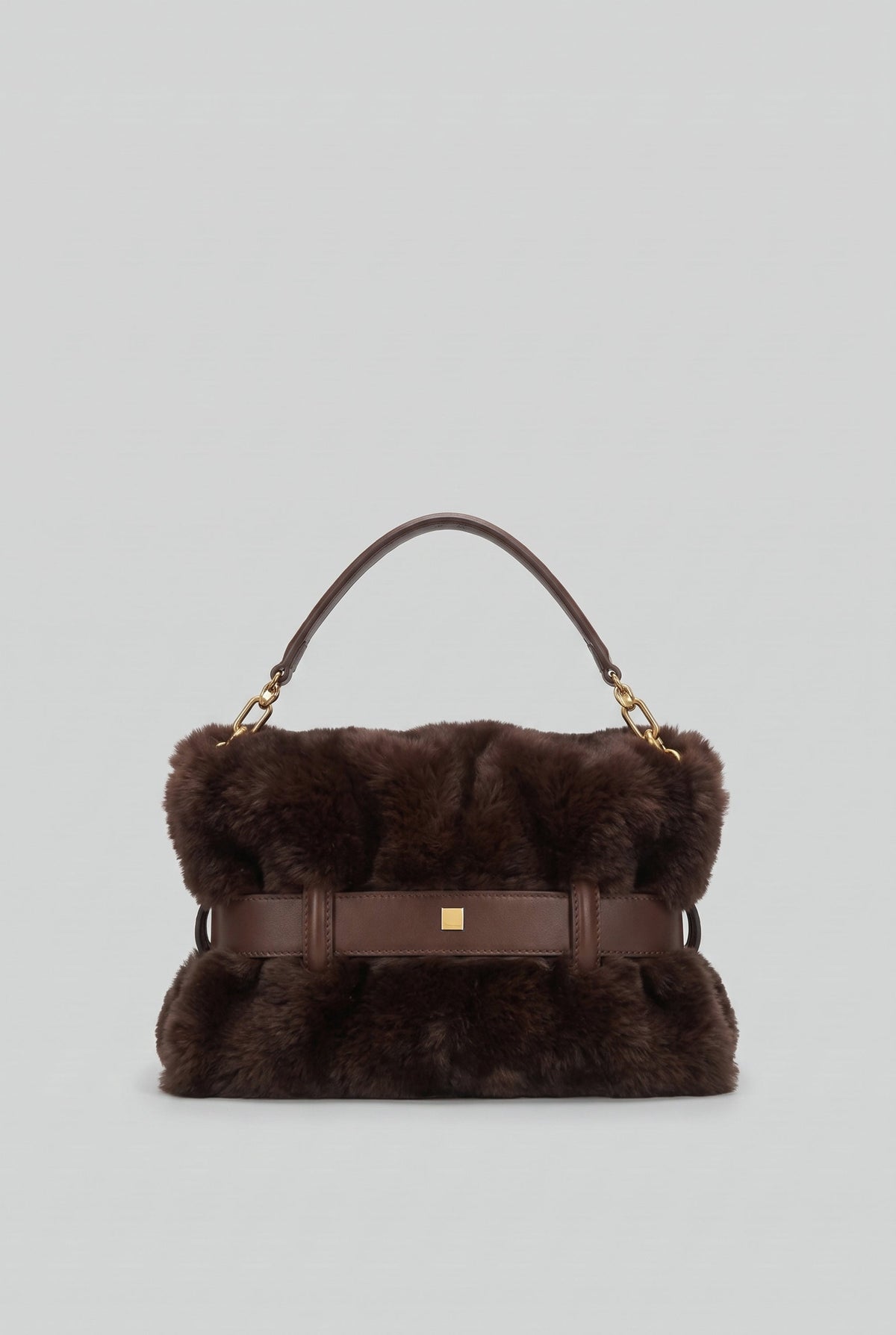 Faux Fur Top Handle Bag with Statement Belt Buckle – Brown – view 4