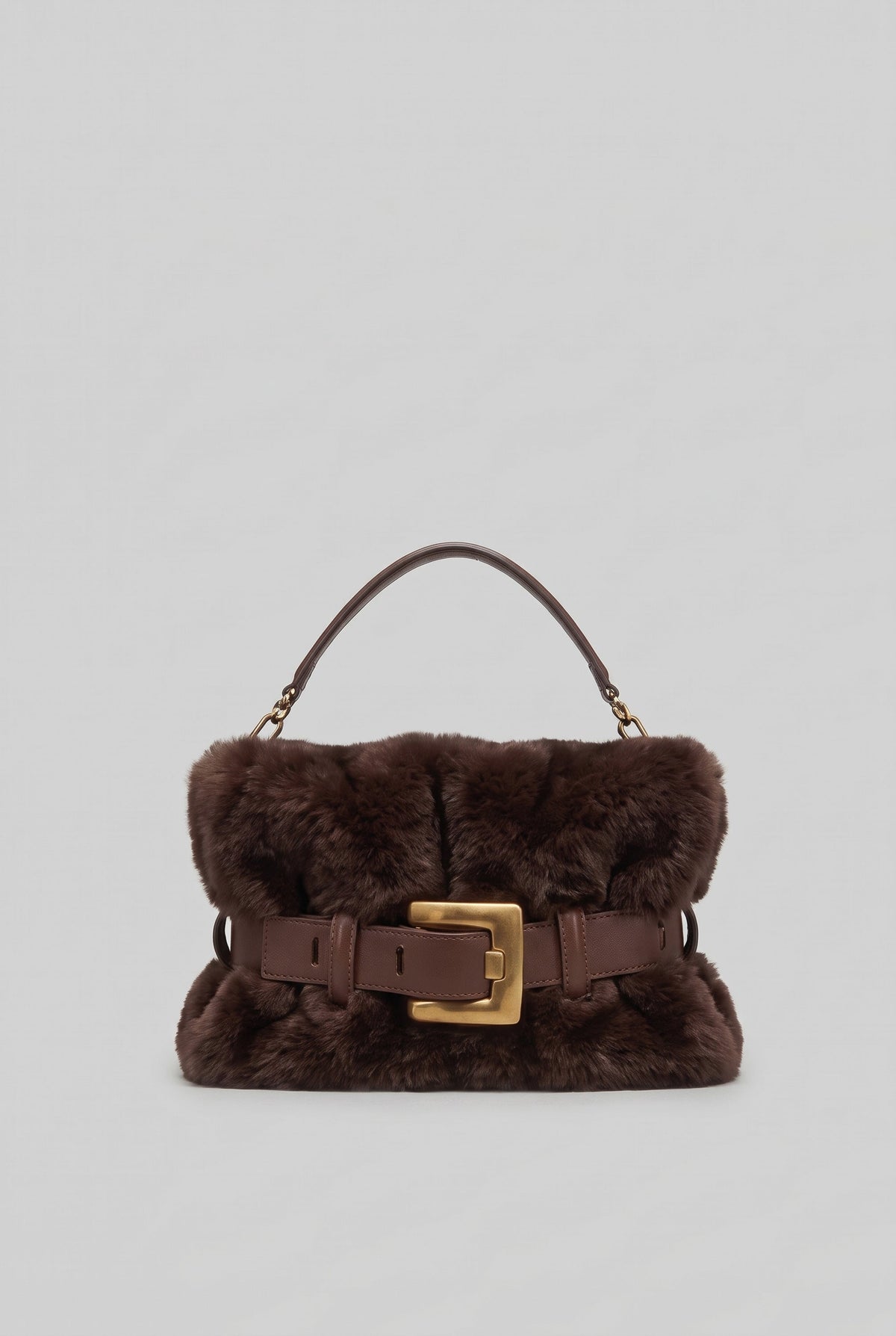 Faux Fur Top Handle Bag with Statement Belt Buckle – Brown – view 1