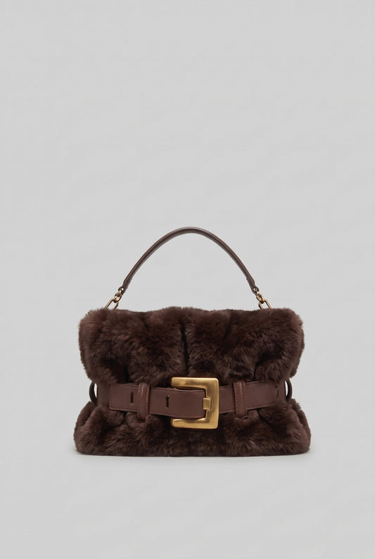 Faux Fur Top Handle Bag with Statement Belt Buckle – Brown