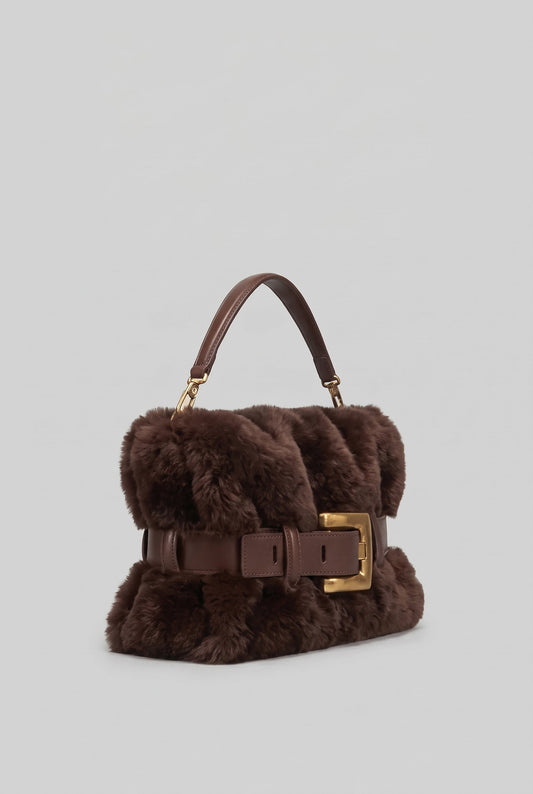 Faux Fur Top Handle Bag with Statement Belt Buckle – Brown