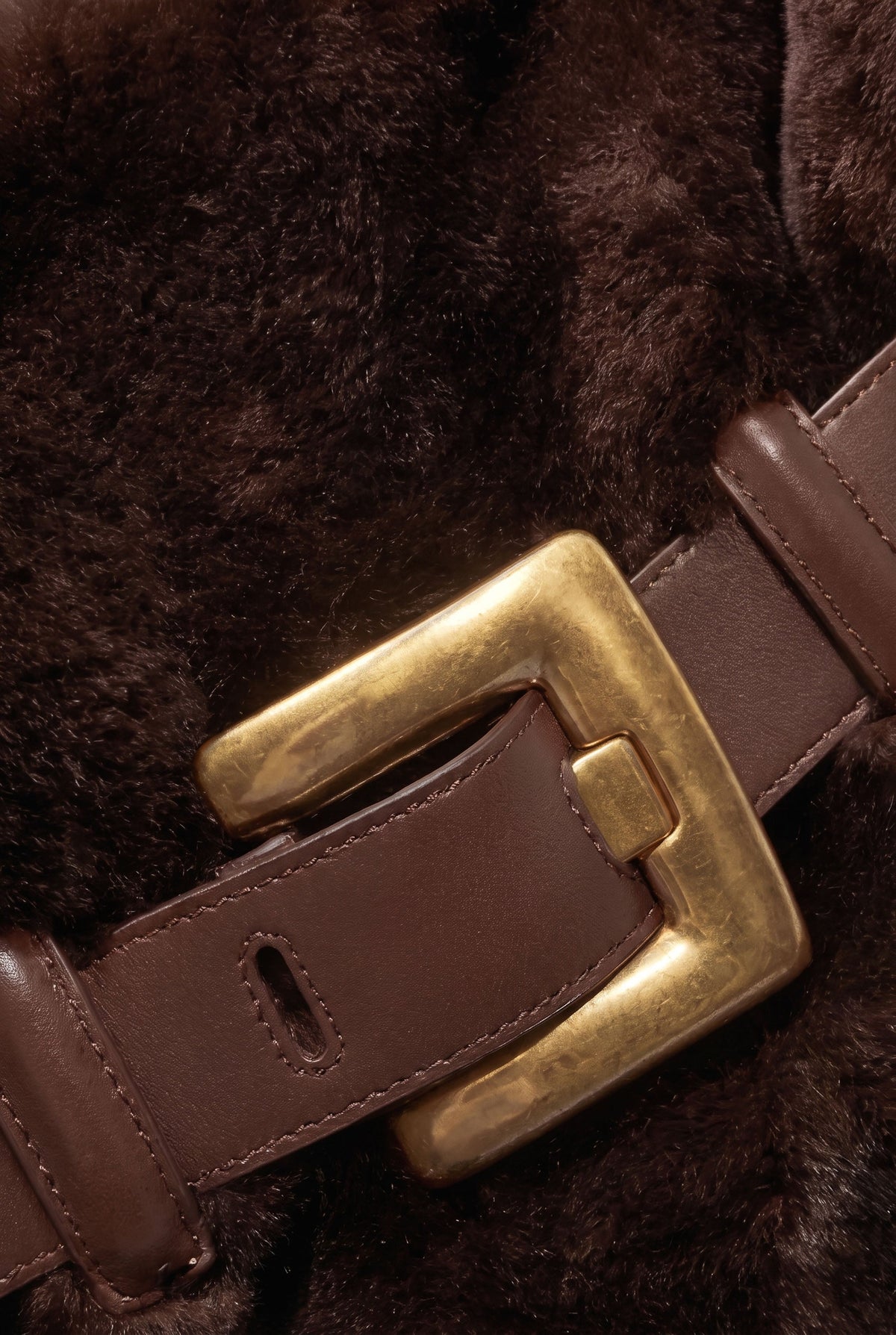 Faux Fur Top Handle Bag with Statement Belt Buckle – Brown