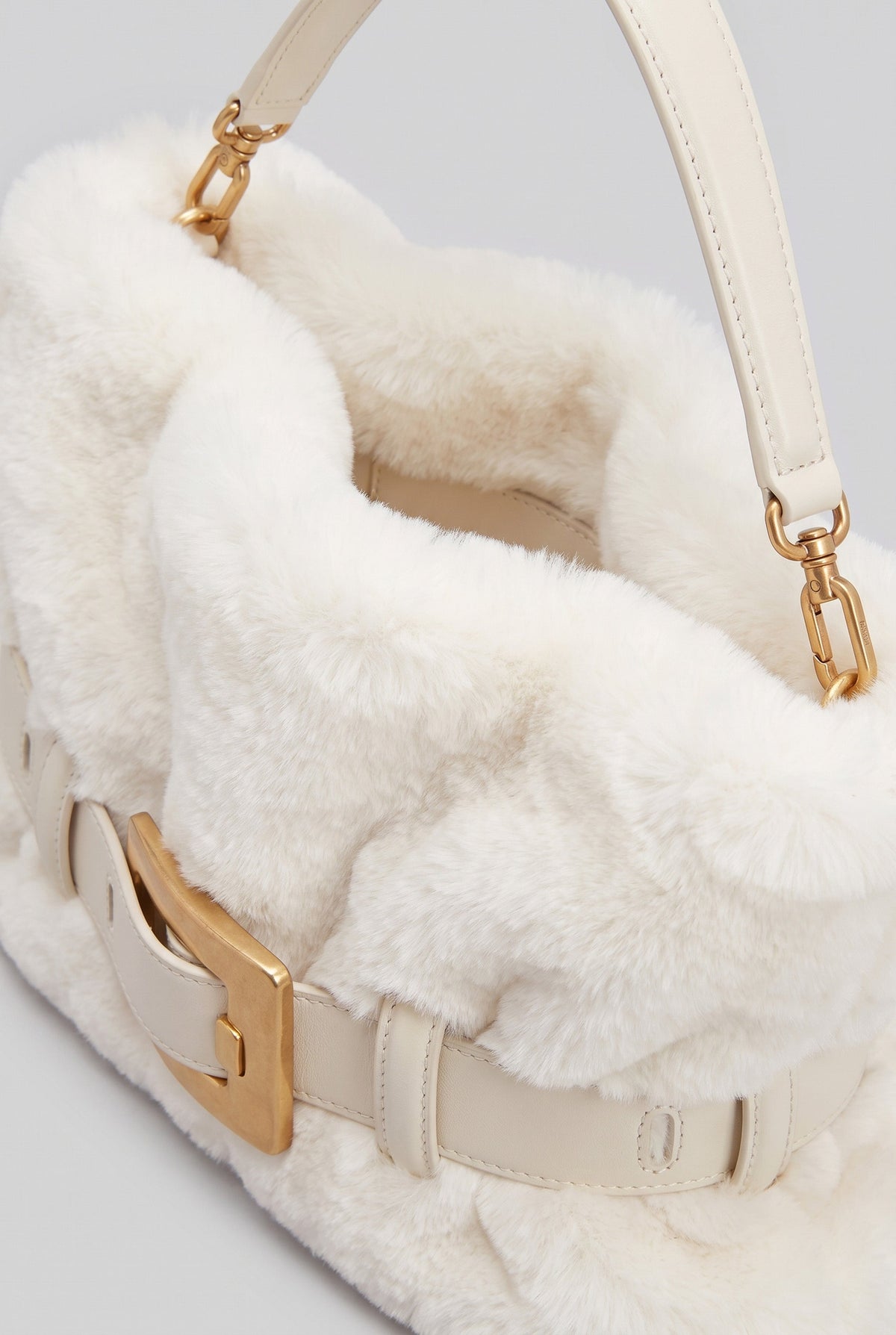 Faux Fur Top Handle Bag with Statement Belt Buckle – White – view 2