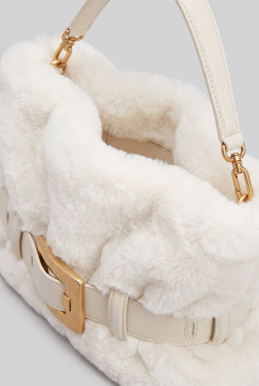 Faux Fur Top Handle Bag with Statement Belt Buckle – White
