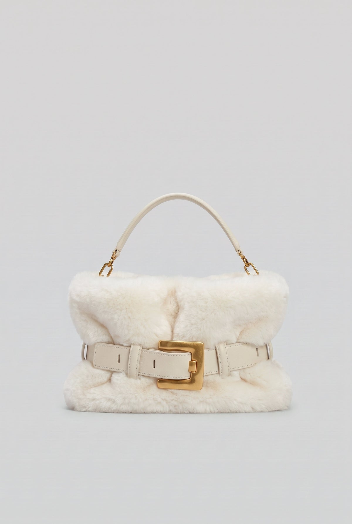 Faux Fur Top Handle Bag with Statement Belt Buckle – White