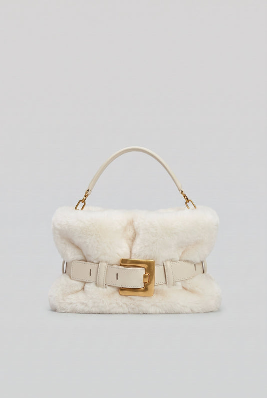 Faux Fur Top Handle Bag with Statement Belt Buckle – White