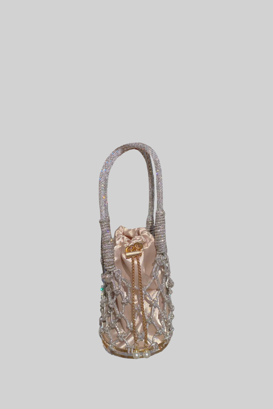 Round Netted Handbag with Beaded Chain and Satin Drawstring Pouch – Silver – view 2