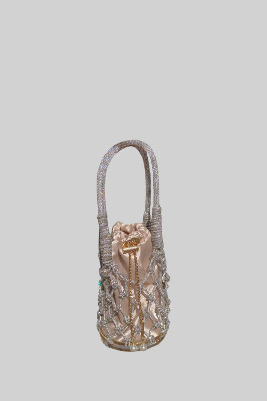 Round Netted Handbag with Beaded Chain and Satin Drawstring Pouch – Silver – view 2