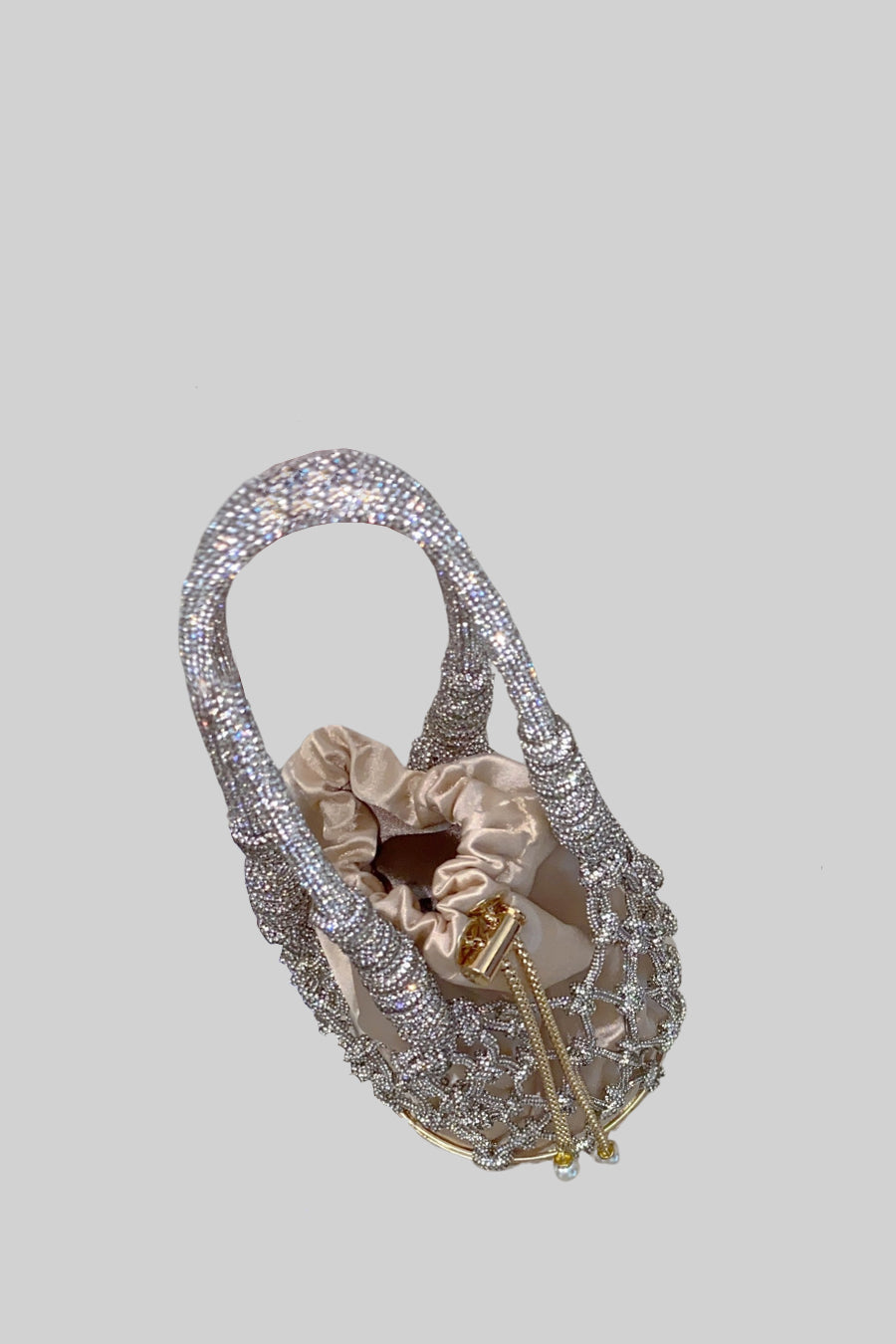 Round Netted Handbag with Beaded Chain and Satin Drawstring Pouch – Silver – view 6