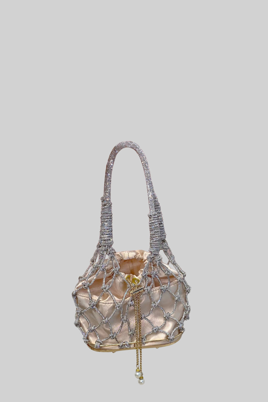Oval Netted Handbag with Beaded Chain and Satin Drawstring Pouch – Silver – view 2