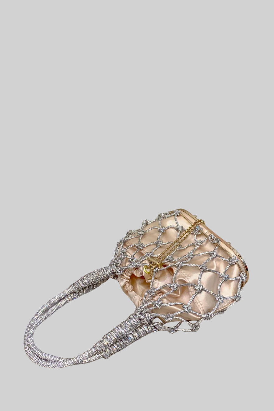 Oval Netted Handbag with Beaded Chain and Satin Drawstring Pouch – Silver – view 4