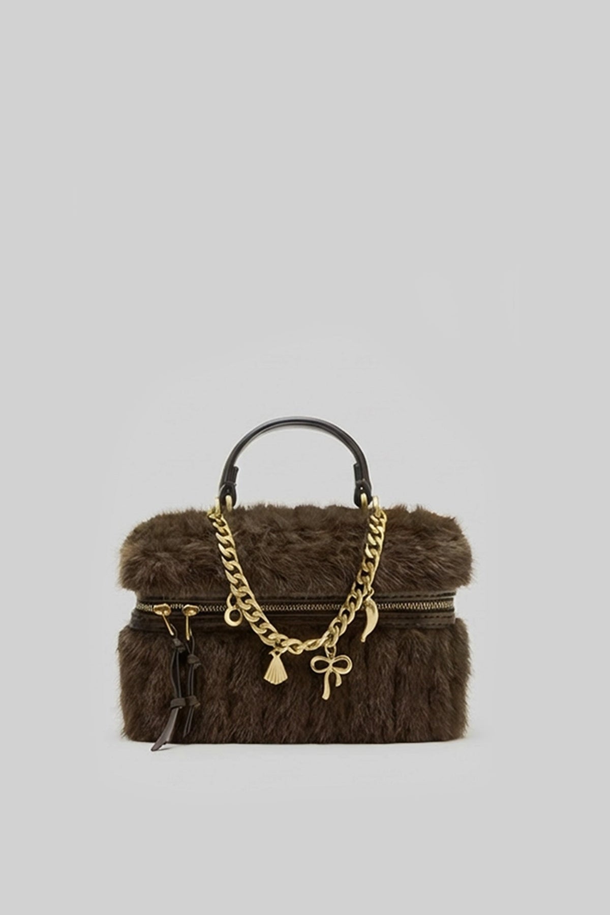Faux Fur Top-Handle Bag with Decorative Chain – Brown – view 1