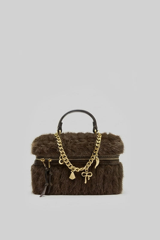 Faux Fur Top-Handle Bag with Decorative Chain – Brown