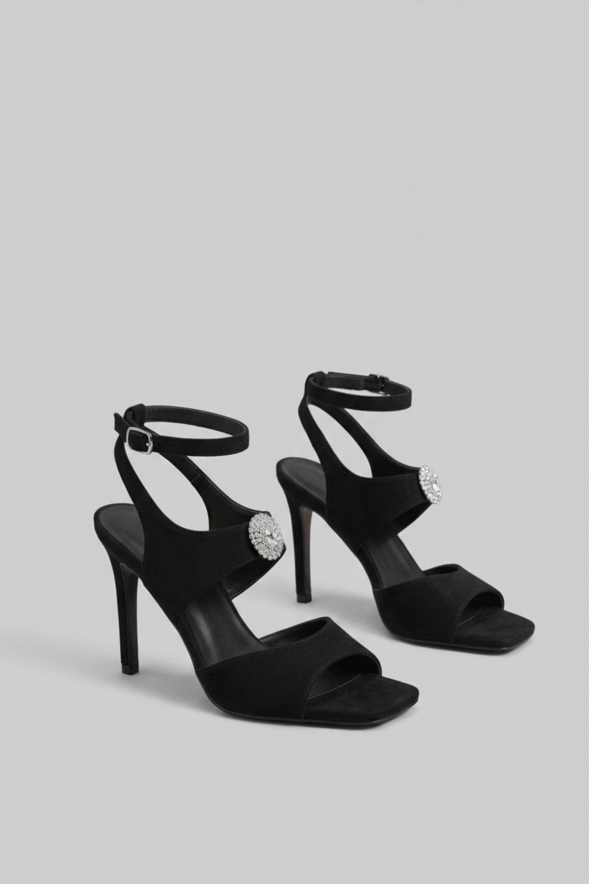 Suede-Effect Stiletto Sandals with Crystal Embellished Strap – Black – view 2