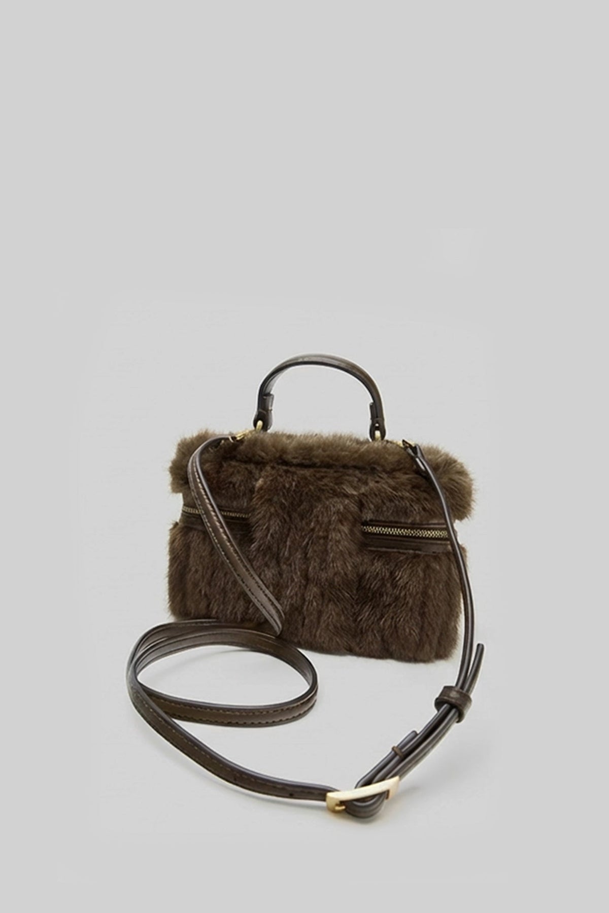 Faux Fur Top-Handle Bag with Decorative Chain – Brown – view 2