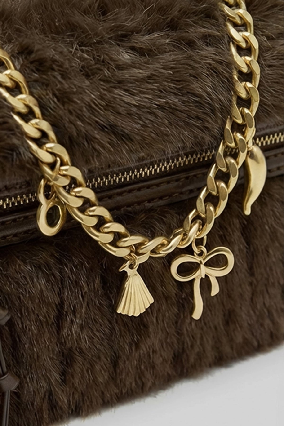 Faux Fur Top-Handle Bag with Decorative Chain – Brown – view 4