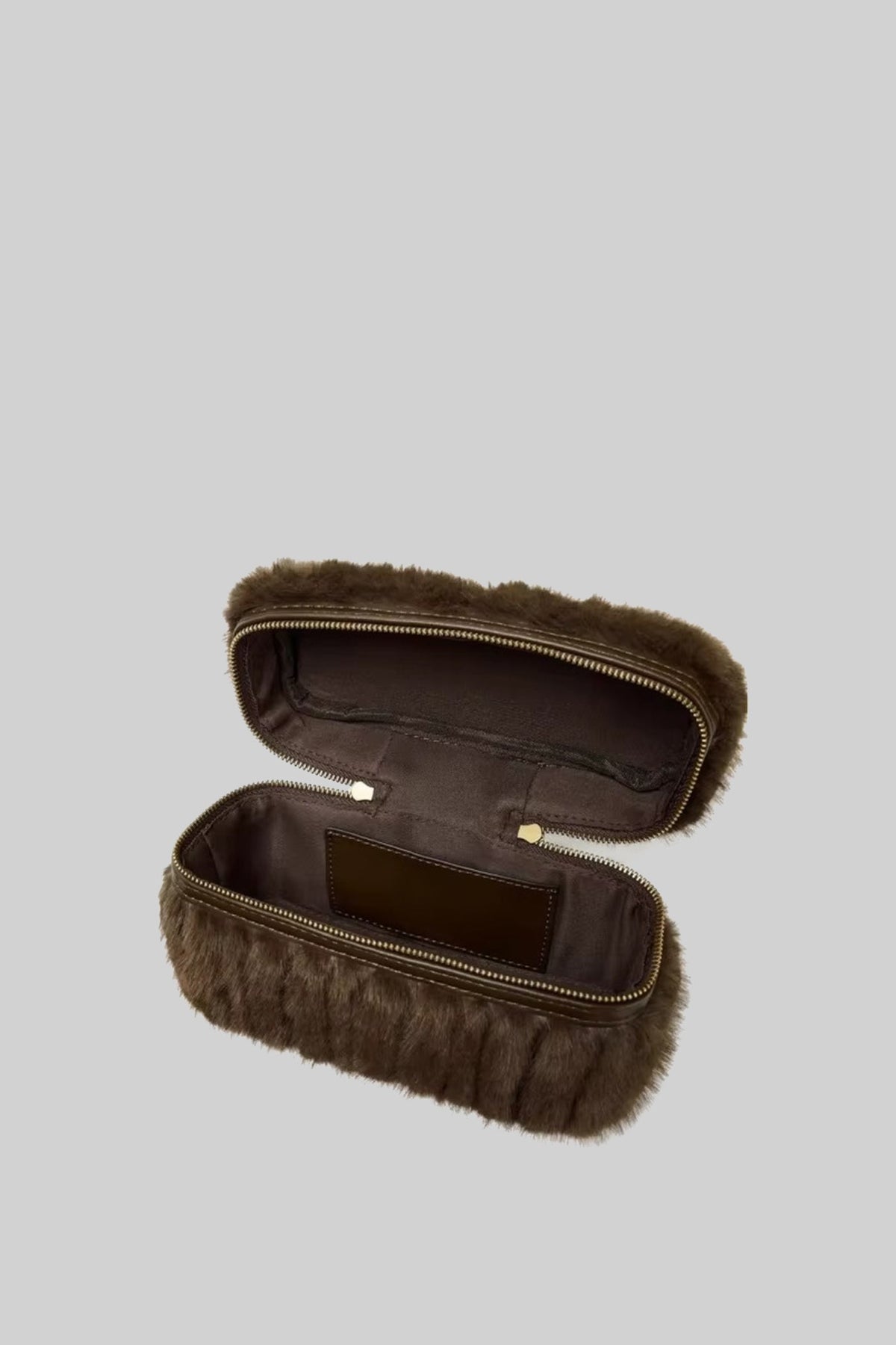 Faux Fur Top-Handle Bag with Decorative Chain – Brown – view 3