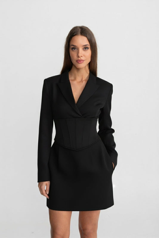 Wrap Front Mini Blazer Dress with Corset Waist and Lace-Up Back – Black