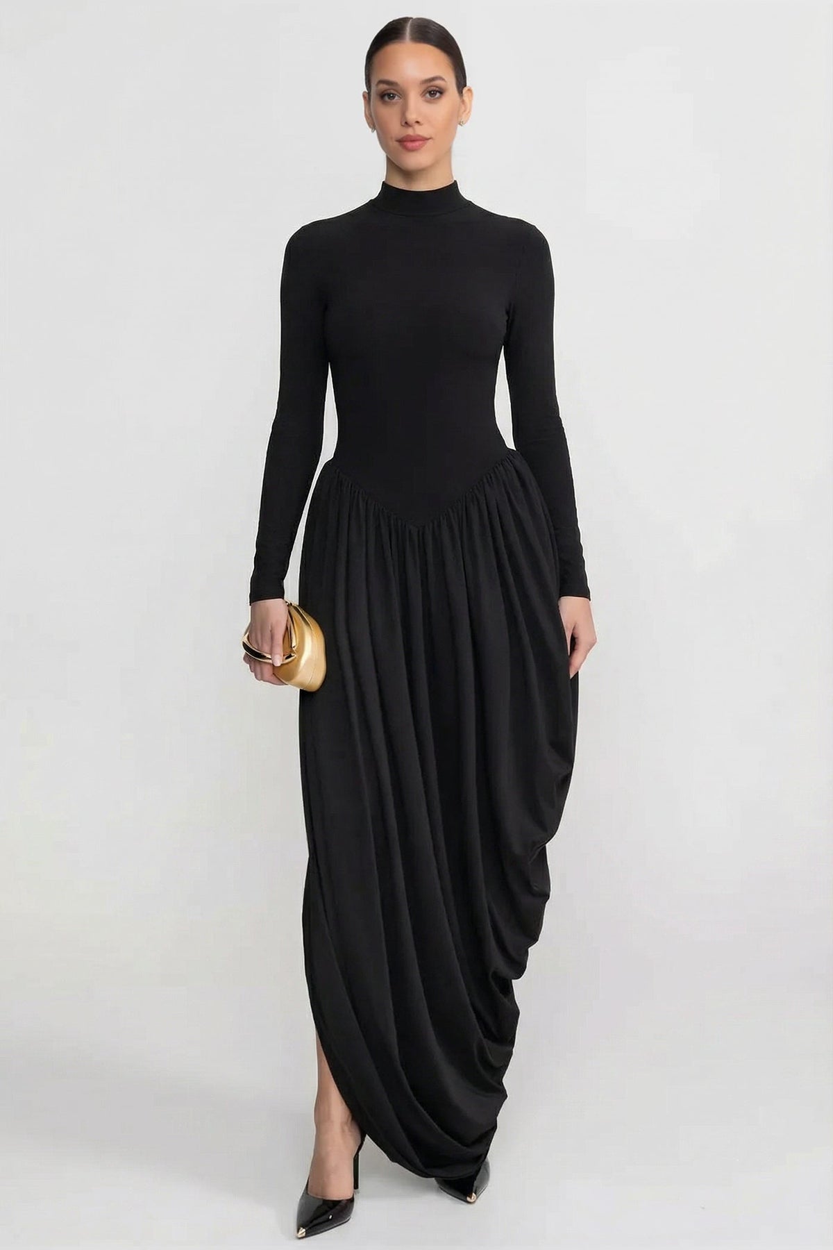 Mock Neck Long Sleeve Maxi Dress with Draped Asymmetric Skirt – Black – view 1
