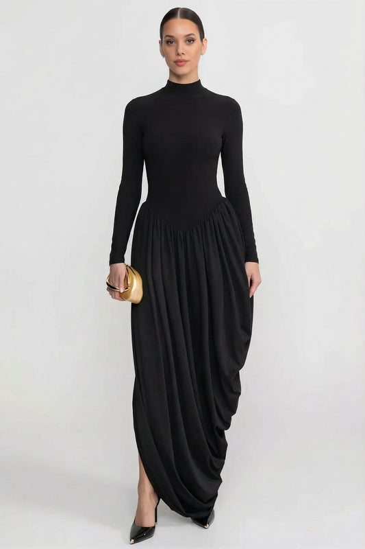 Mock Neck Long Sleeve Maxi Dress with Draped Asymmetric Skirt – Black