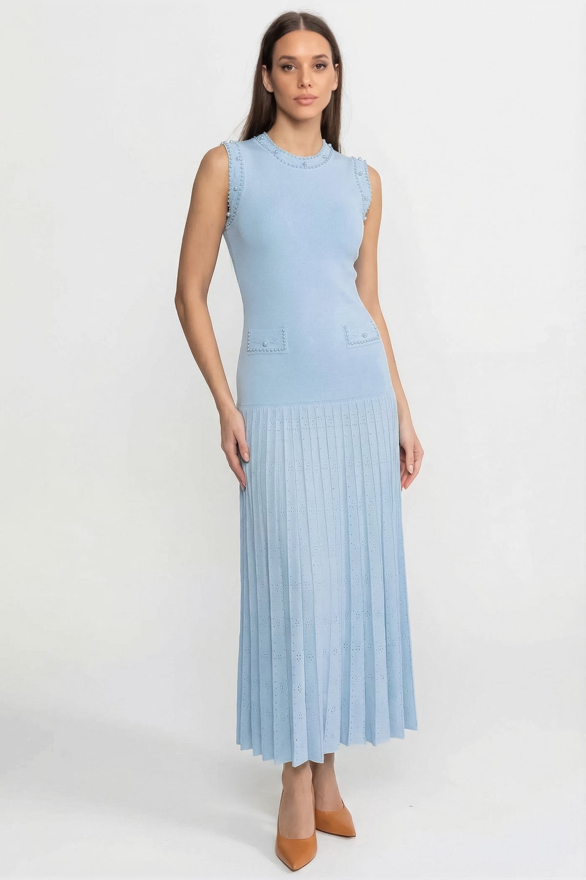 Knitted Sleeveless Pleated Midi Dress with Pearl Trim – Blue