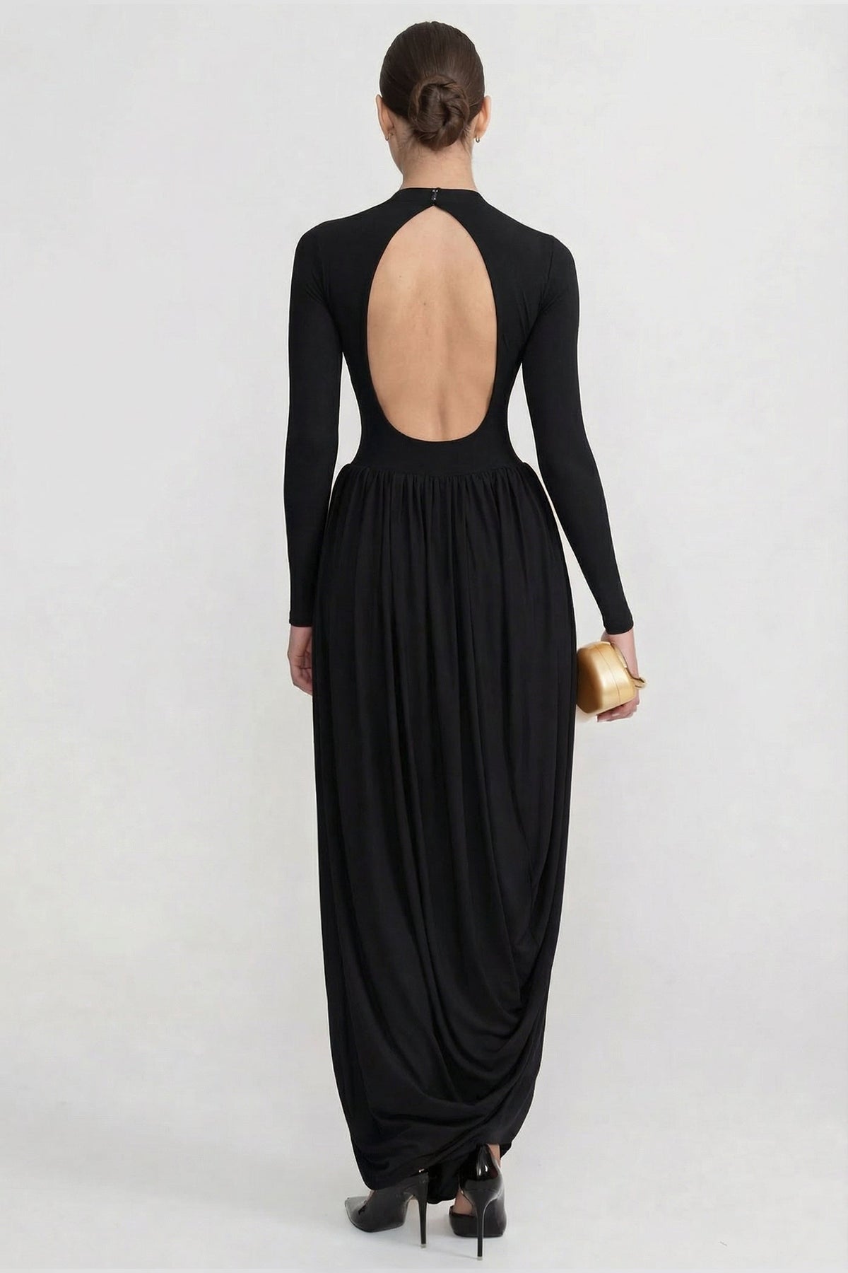 Mock Neck Long Sleeve Maxi Dress with Draped Asymmetric Skirt – Black – view 4