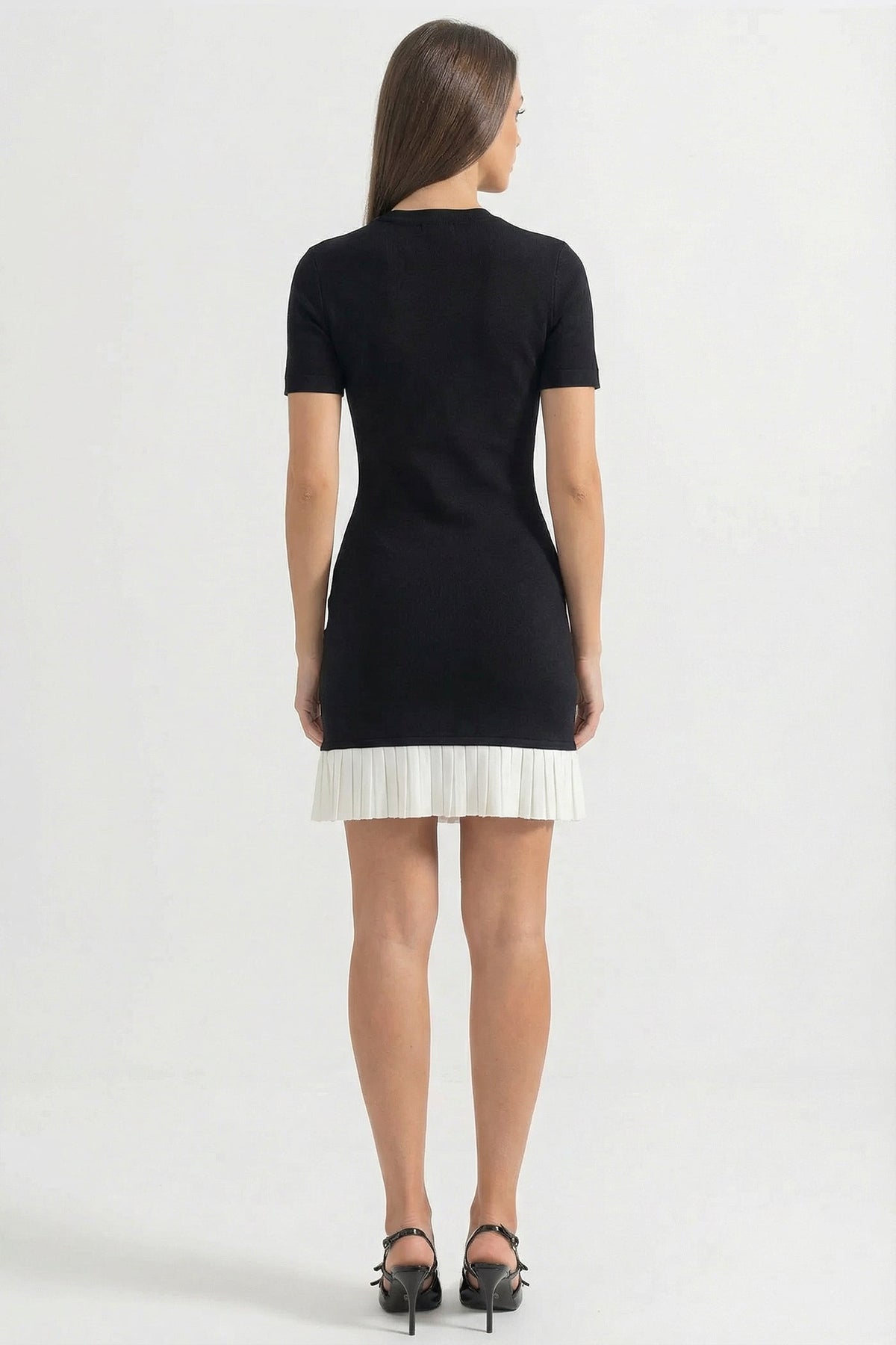 Knit Short Sleeve Mini Dress with Contrast White Pleated Hem – Black – view 3