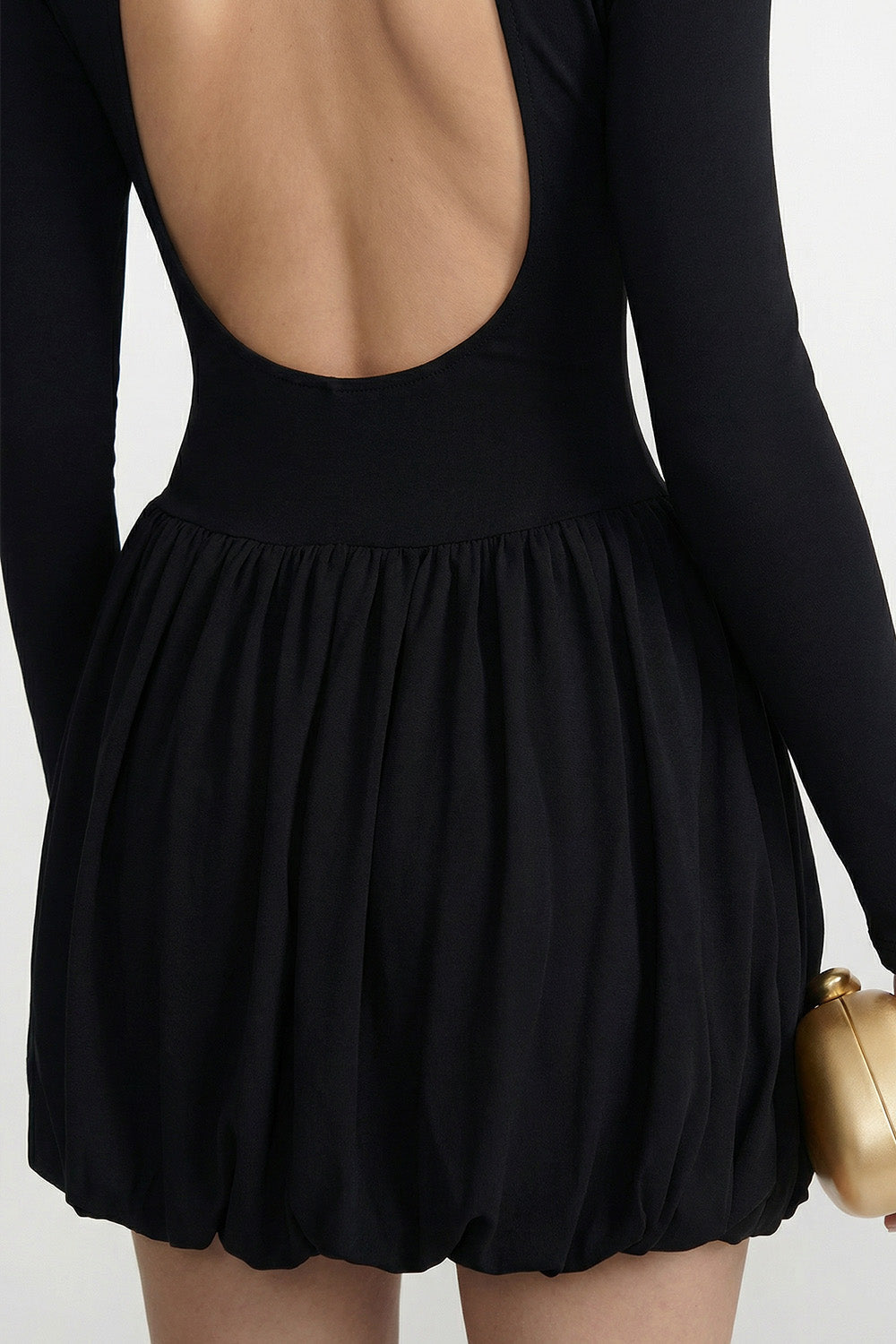 Mock Neck Long Sleeve Mini Dress with Draped Bubble Skirt – Black – view 3