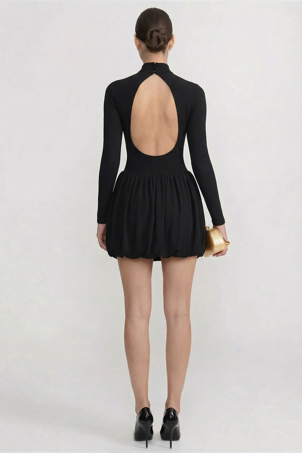 Mock Neck Long Sleeve Mini Dress with Draped Bubble Skirt – Black – view 4